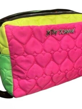 Betsey Johnson Pink and Neon Green Quilted Heart Cosmetic Bag
